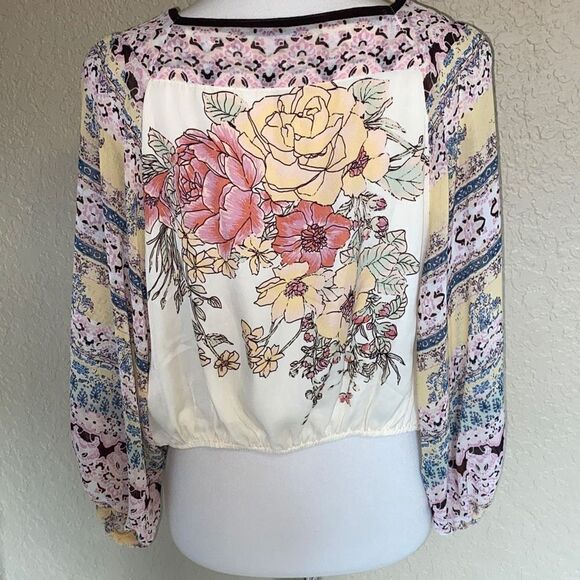 Free People Blue Bile Ivory Batwing Silky Shirt/Top Boho Sz XS - Picture 7 of 11